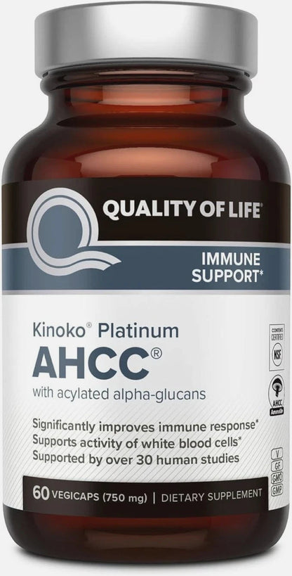Kinoko Platinum AHCC® Immune Support Supplement – 2 Pack – 60 Vegicaps 750mg Each – Quality of Life