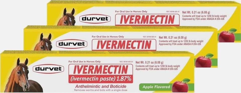 Pack of 3 Durvet Ivermectin Horse Dewormer Paste 1.87% Apple Flavored