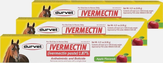 Pack of 3 Durvet Ivermectin Horse Dewormer Paste 1.87% Apple Flavored